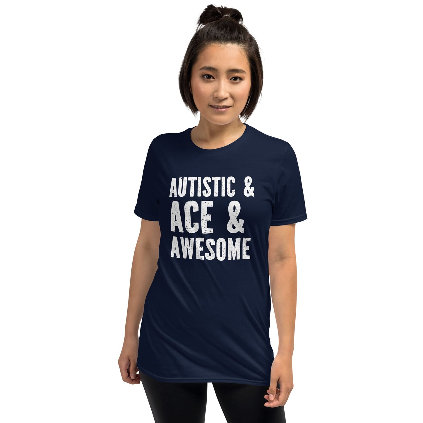 Person wearing a navy blue t-shirt with 'AUTISTIC & ACE & AWESOME' text on a white background: Asexual Autistic Shirt, Ace Pride Tee, Autism Spectrum LGBTQ Gift, Neurodiversity Awareness T-shirt, Neurodivergent Tshirt For Ace Person