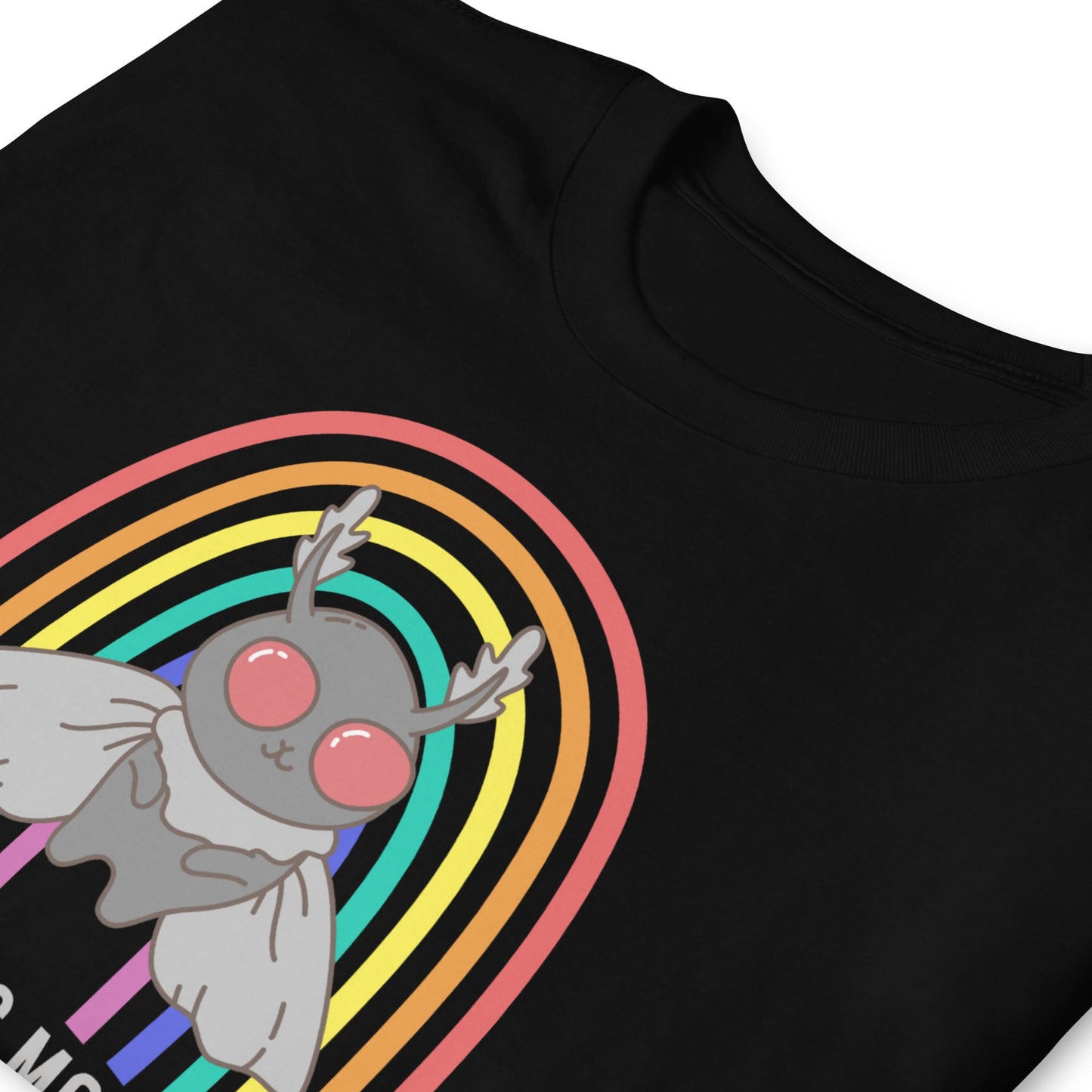 Black t-shirt with a cartoon character and rainbow design on a white background: LGBTQ Mothman Comfort Colors Shirt, Be Gay Kiss Mothman Tee, Queer Cryptid T-Shirt, LGBT Cryptidcore Gift, Rainbow Cryptozoology Merch