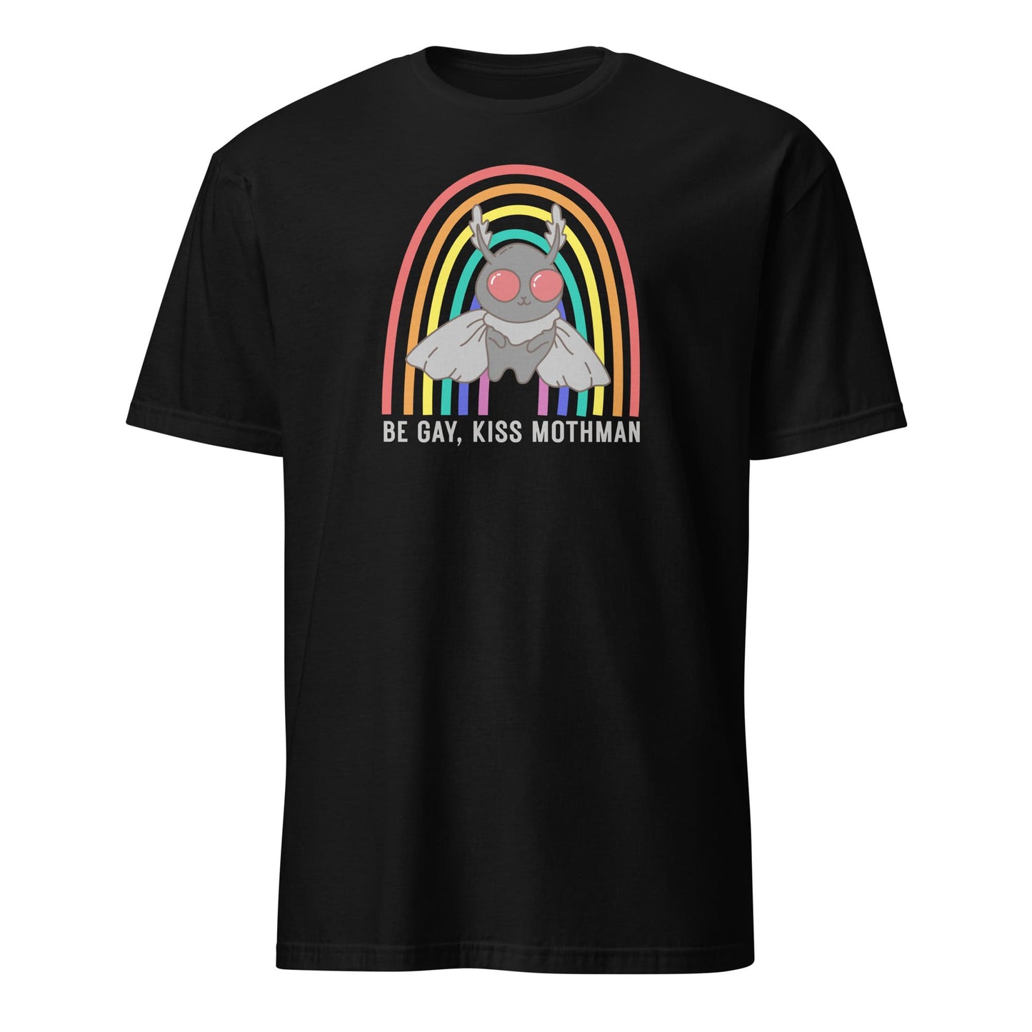 Black t-shirt with a graphic design of Mothman and a rainbow, with text 'Be Gay, Kiss Mothman' on a white background:LGBTQ Mothman Comfort Colors Shirt, Be Gay Kiss Mothman Tee, Queer Cryptid T-Shirt, LGBT Cryptidcore Gift, Rainbow Cryptozoology Merch