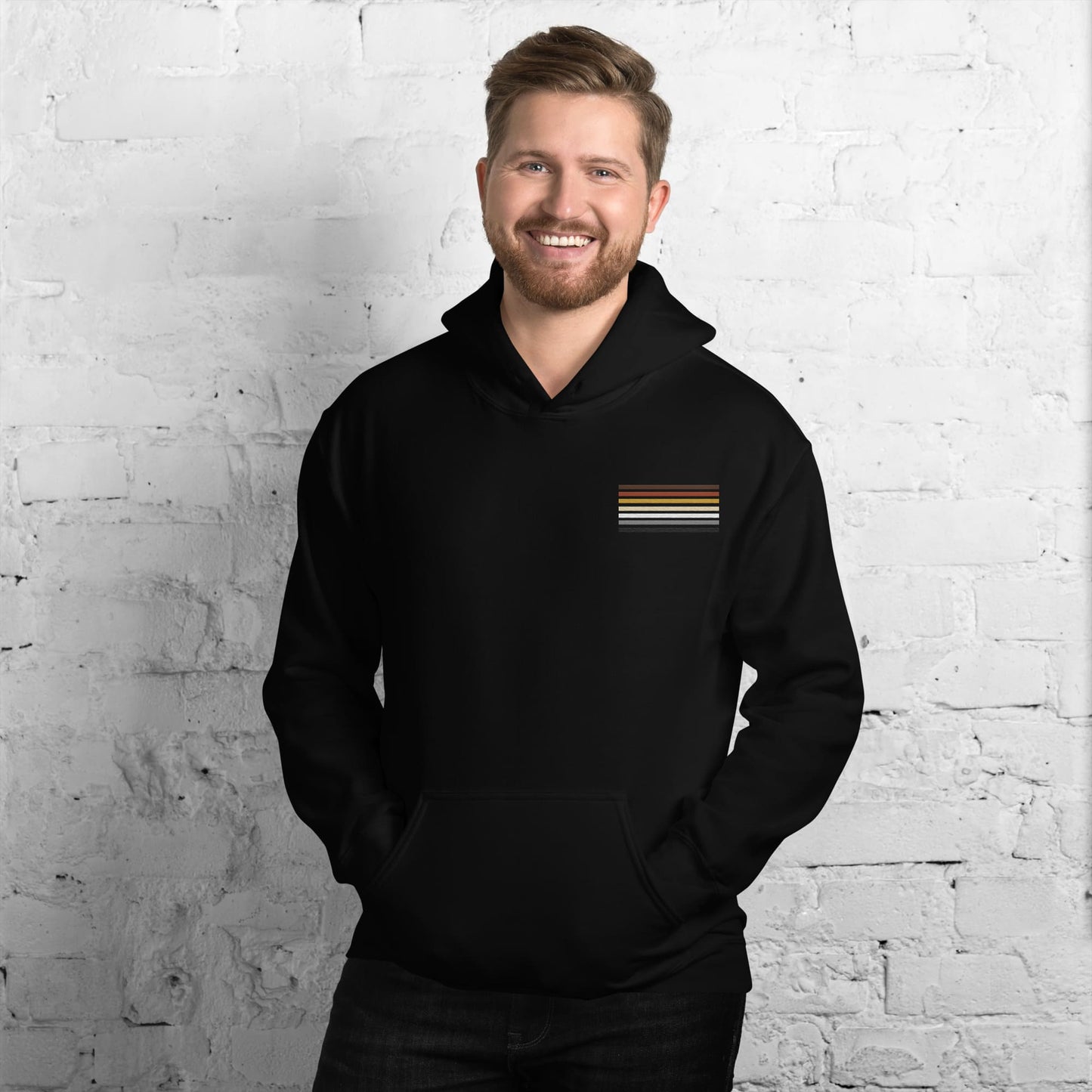bear pride hoodie, subtle gay bear embroidered pocket design hooded sweatshirt, model 3