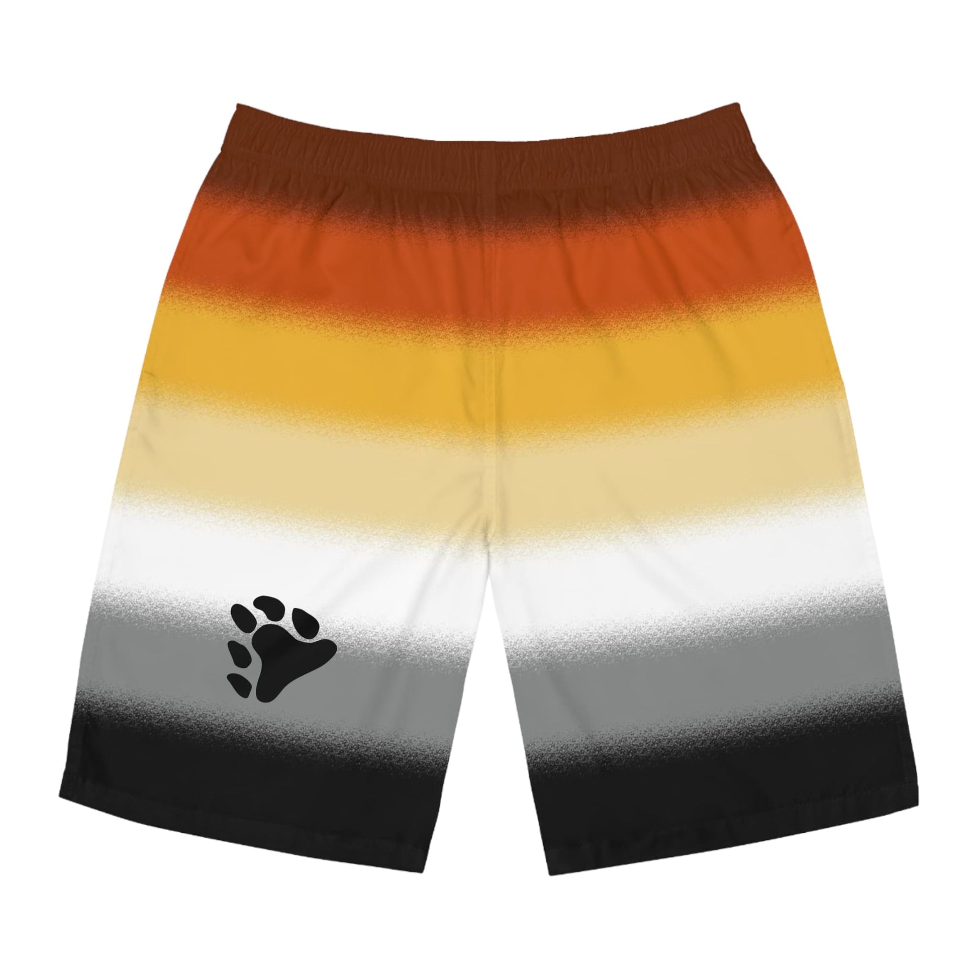 bear pride swim shorts, flatlay