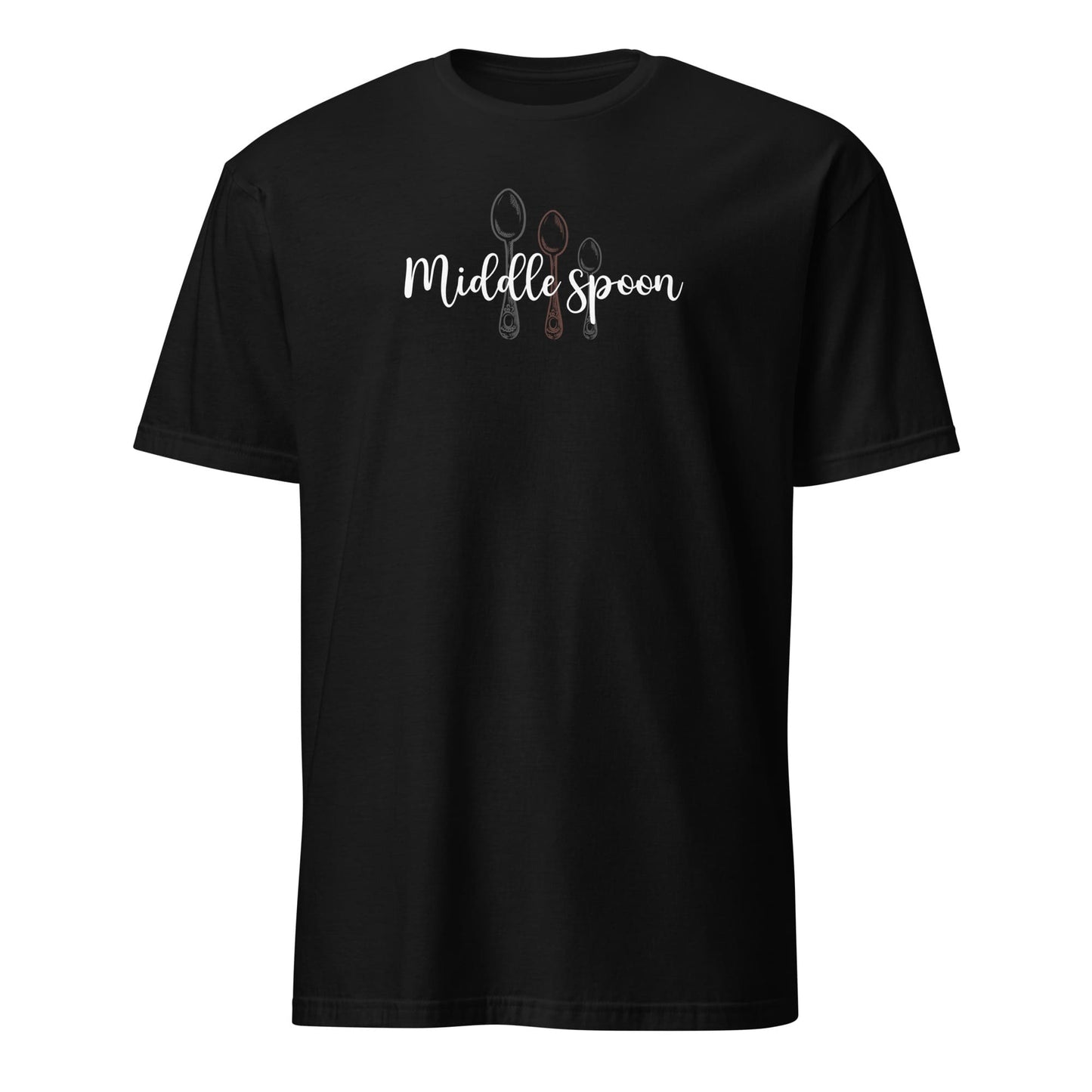 Black t-shirt with 'Middle Spoon' polyamory ENM text and spoon graphics on a white background