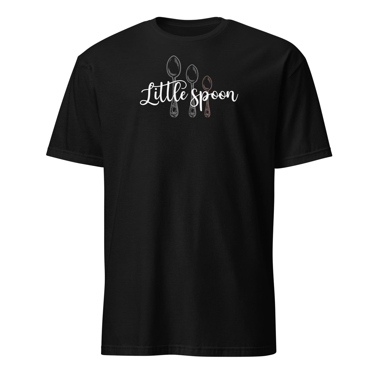 Black t-shirt with 'Little spoon' ENM polyamory text and spoon graphics on a white background