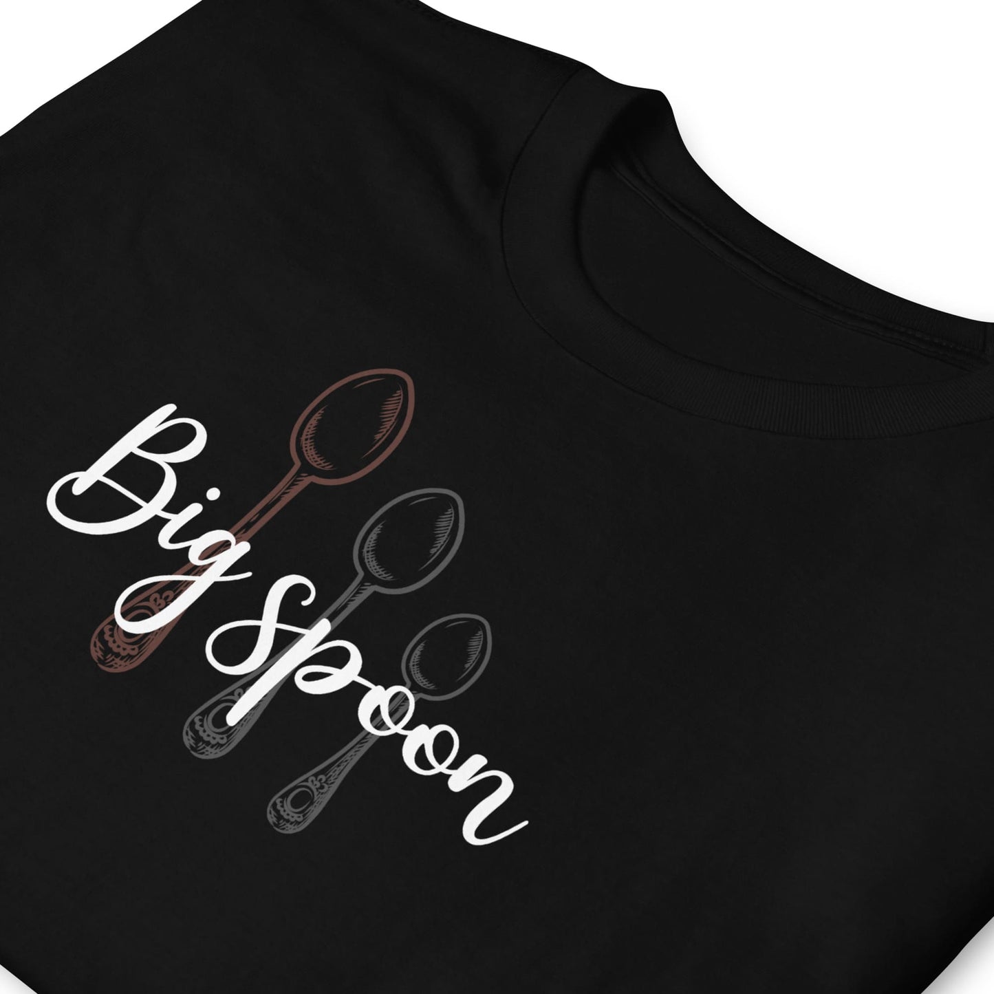 Black polyamory ENM t-shirt with 'Big Spoon' text and spoon graphics on a white background
