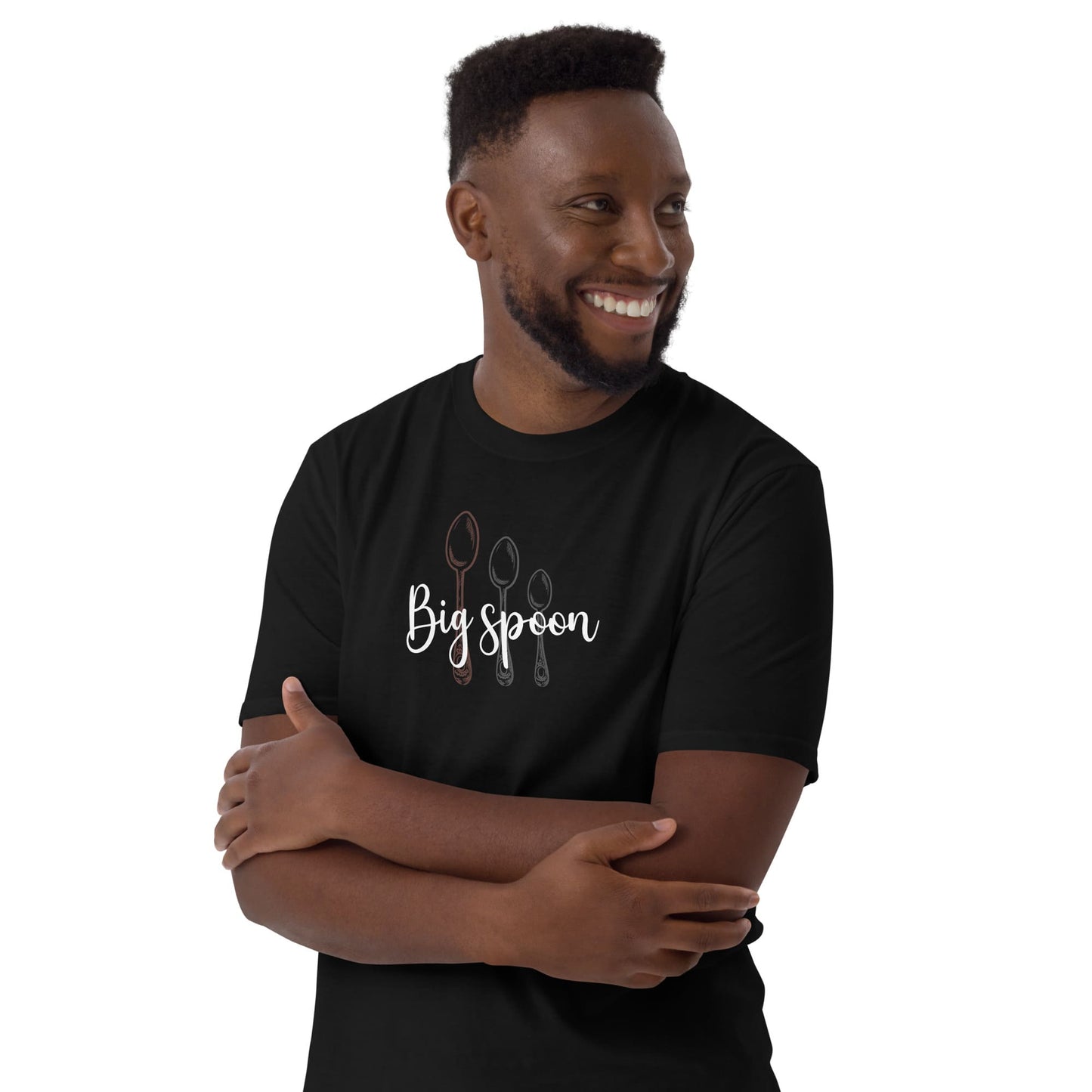 ENM polyamory man wearing a black t-shirt with 'Big spoon' text and spoon graphic on a white background