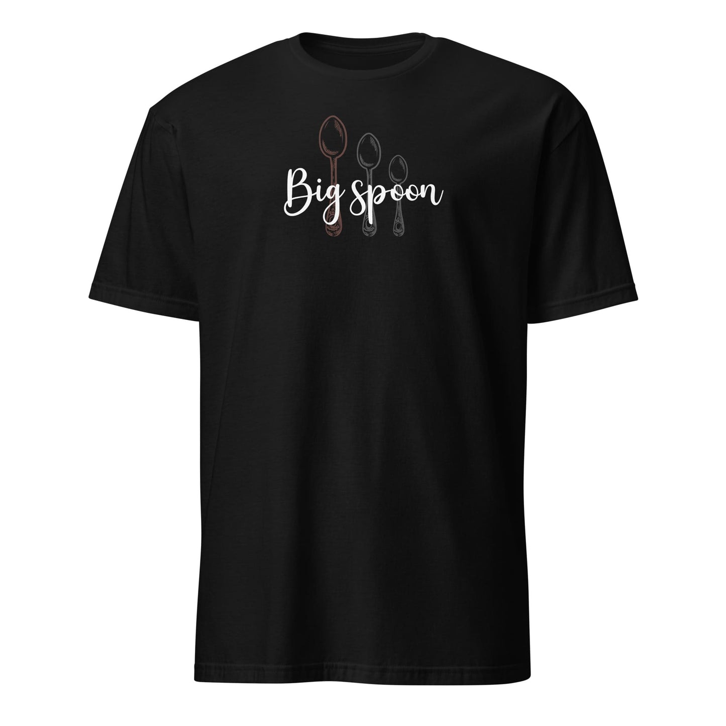 Black ENM polyamory t-shirt with 'Big spoon' text and spoon graphics on a white background