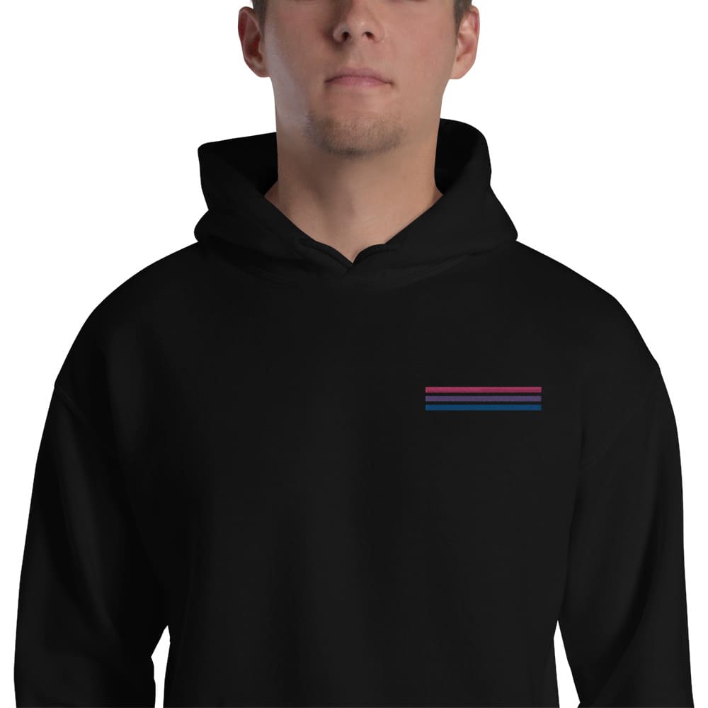 bisexual hoodie, subtle bi pride flag embroidered pocket design hooded sweatshirt, model 2