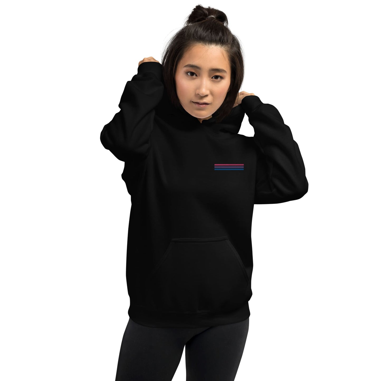 bisexual hoodie, subtle bi pride flag embroidered pocket design hooded sweatshirt, model 1