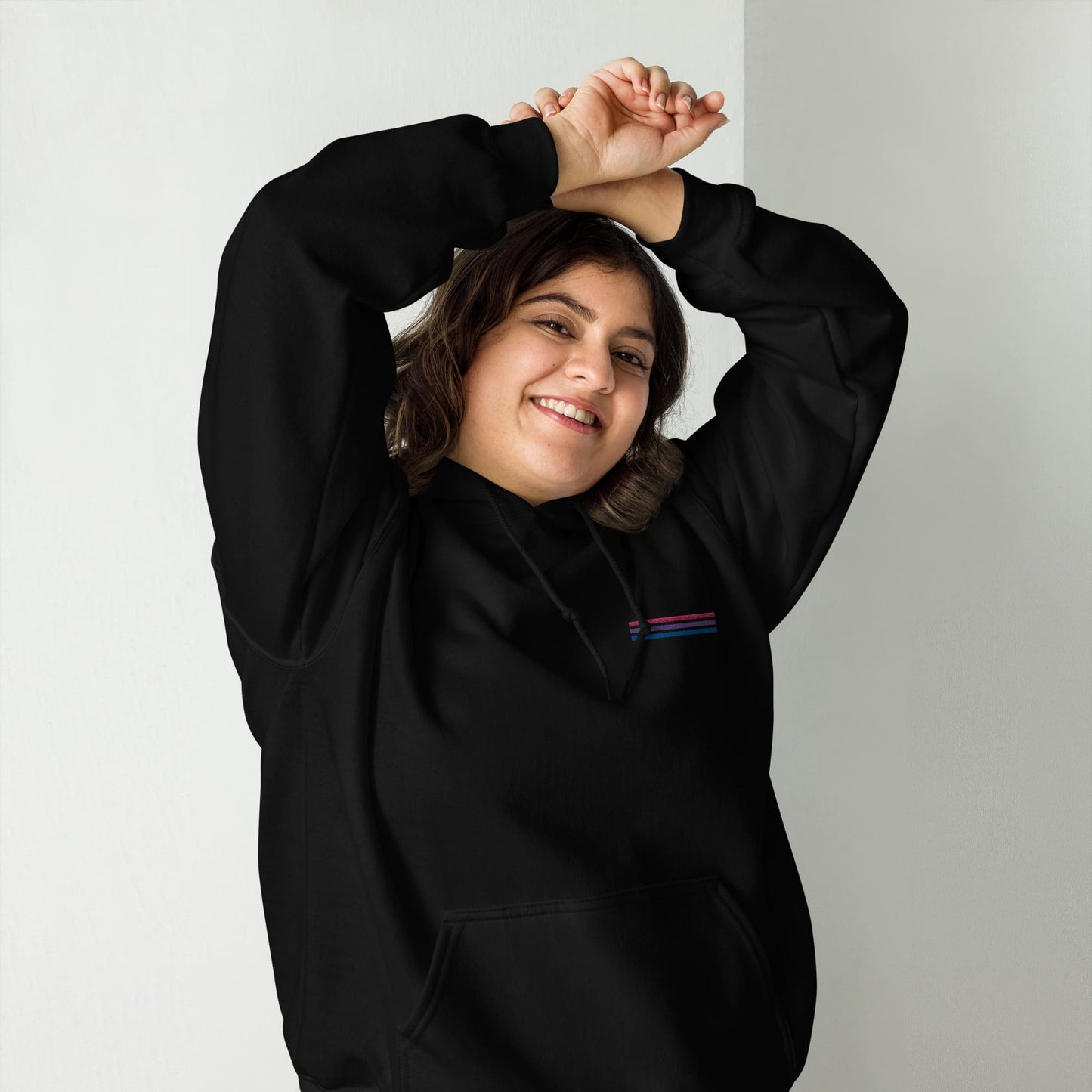 bisexual hoodie, subtle bi pride flag embroidered pocket design hooded sweatshirt, model 3