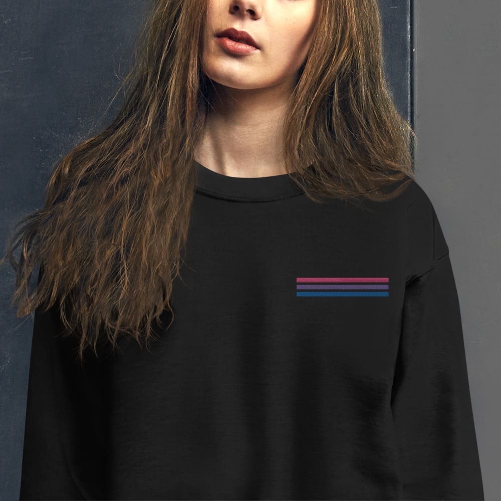 bisexual sweatshirt, subtle bi pride flag embroidered pocket design hooded sweater, model 2