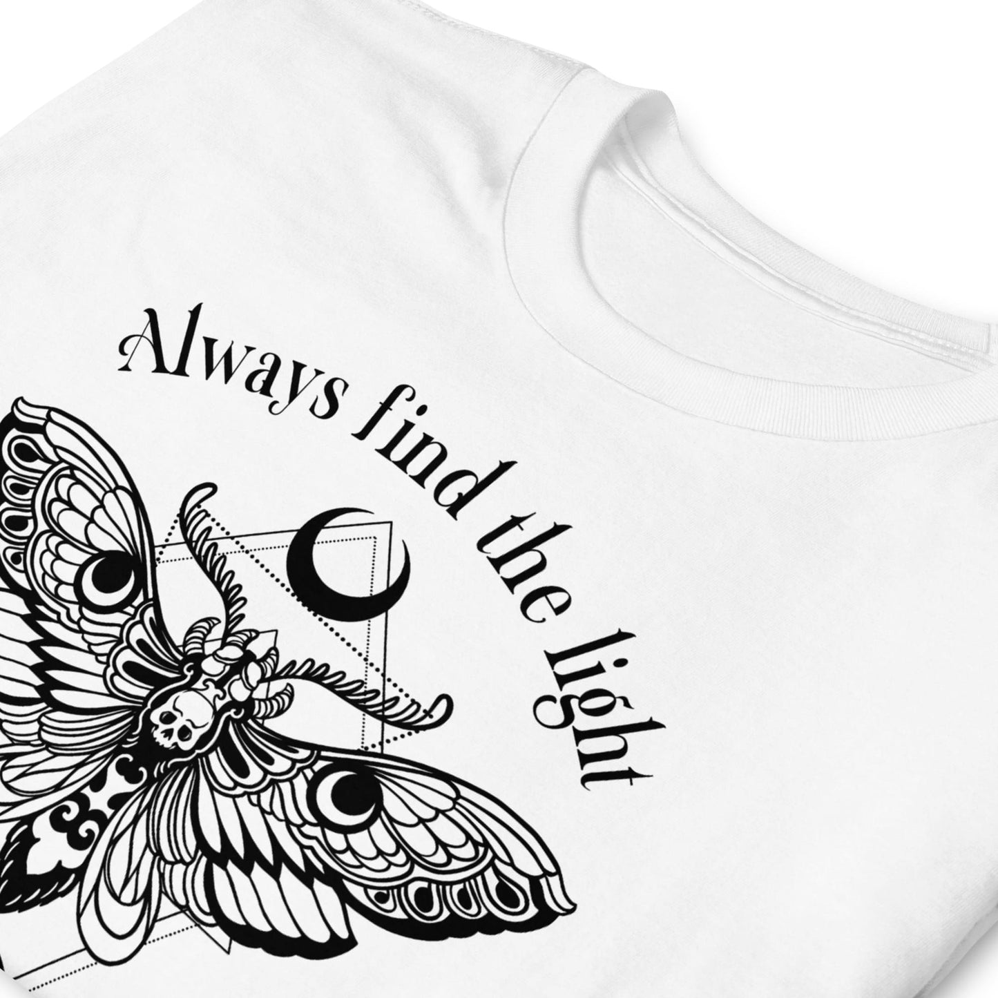 White inspirational t-shirt with black butterfly design and 'Always find the light' text on a white background