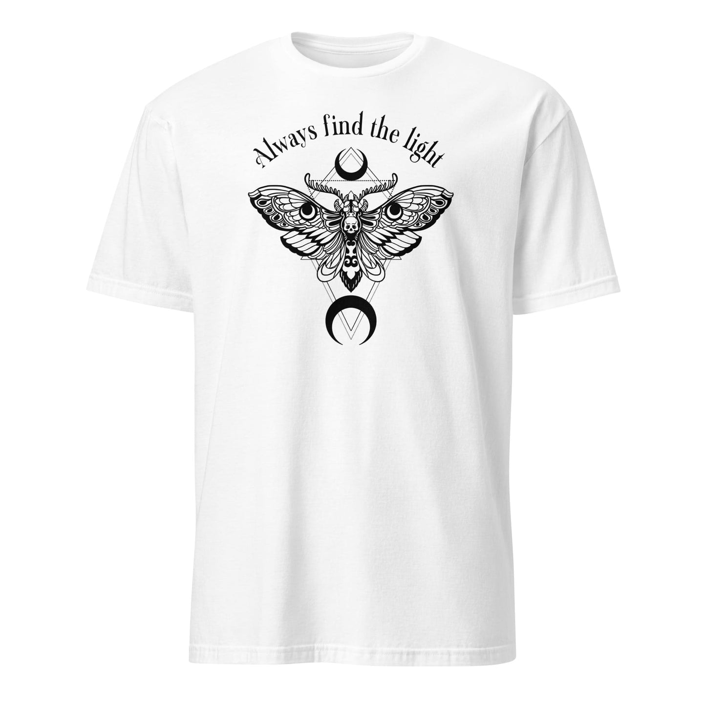 White inspirational t-shirt with black moth graphic and text 'Always find the light' on a white background