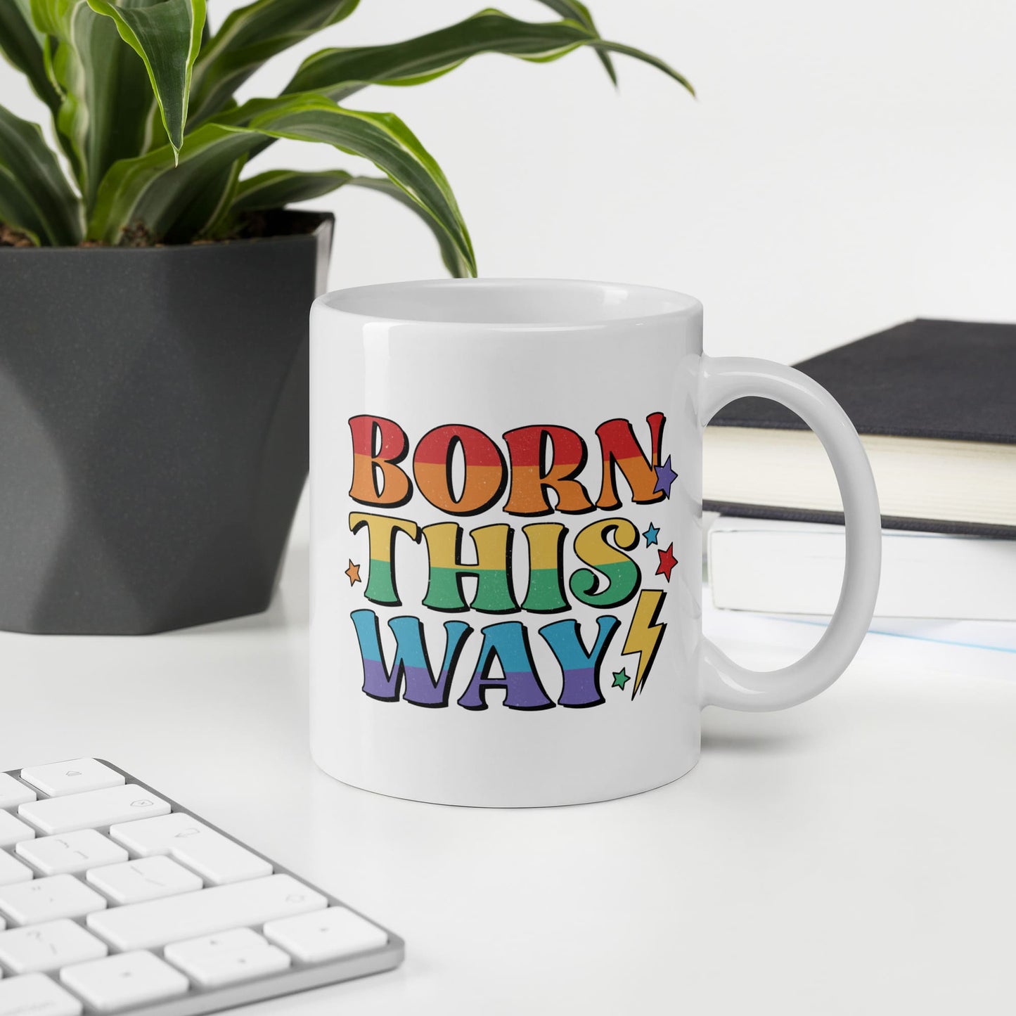 LGBTQ pride mug, born this way coffee or tea cup on desk