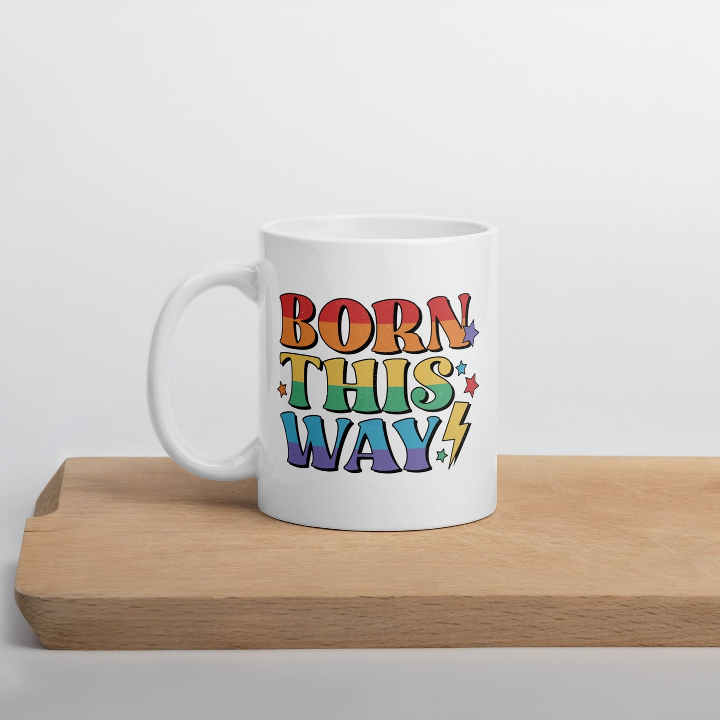 LGBTQ pride mug, born this way coffee or tea cup on table