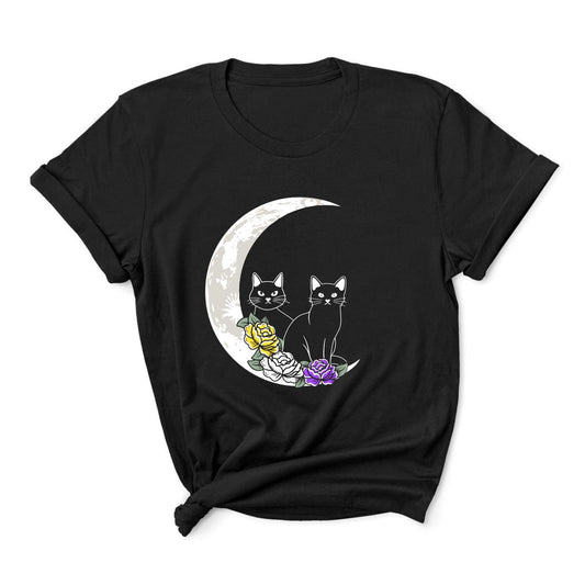 nonbinary shirt, 2 cute cats sitting on moon with flowers in enby pride colors, main