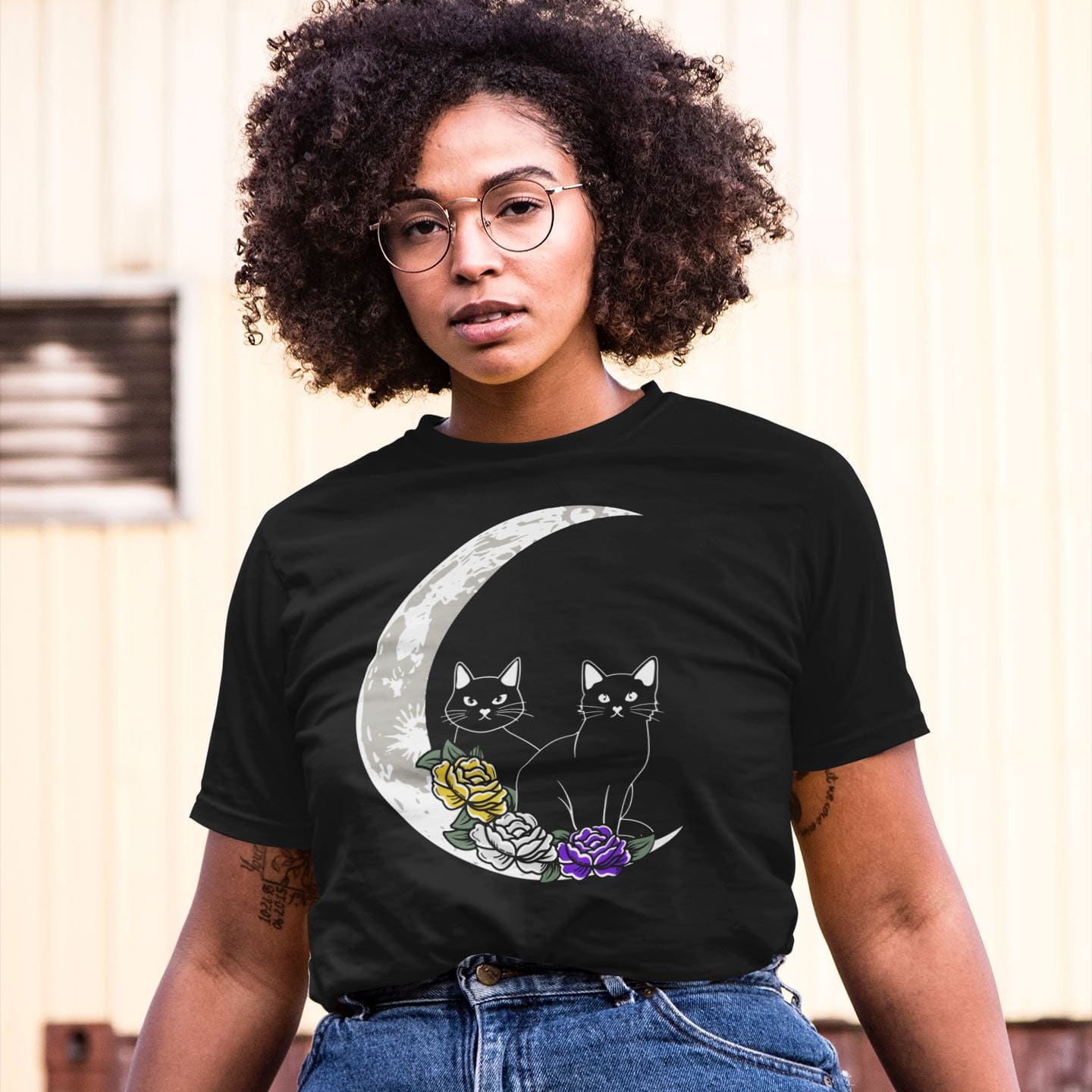 nonbinary shirt, 2 cute cats sitting on moon with flowers in enby pride colors, in use
