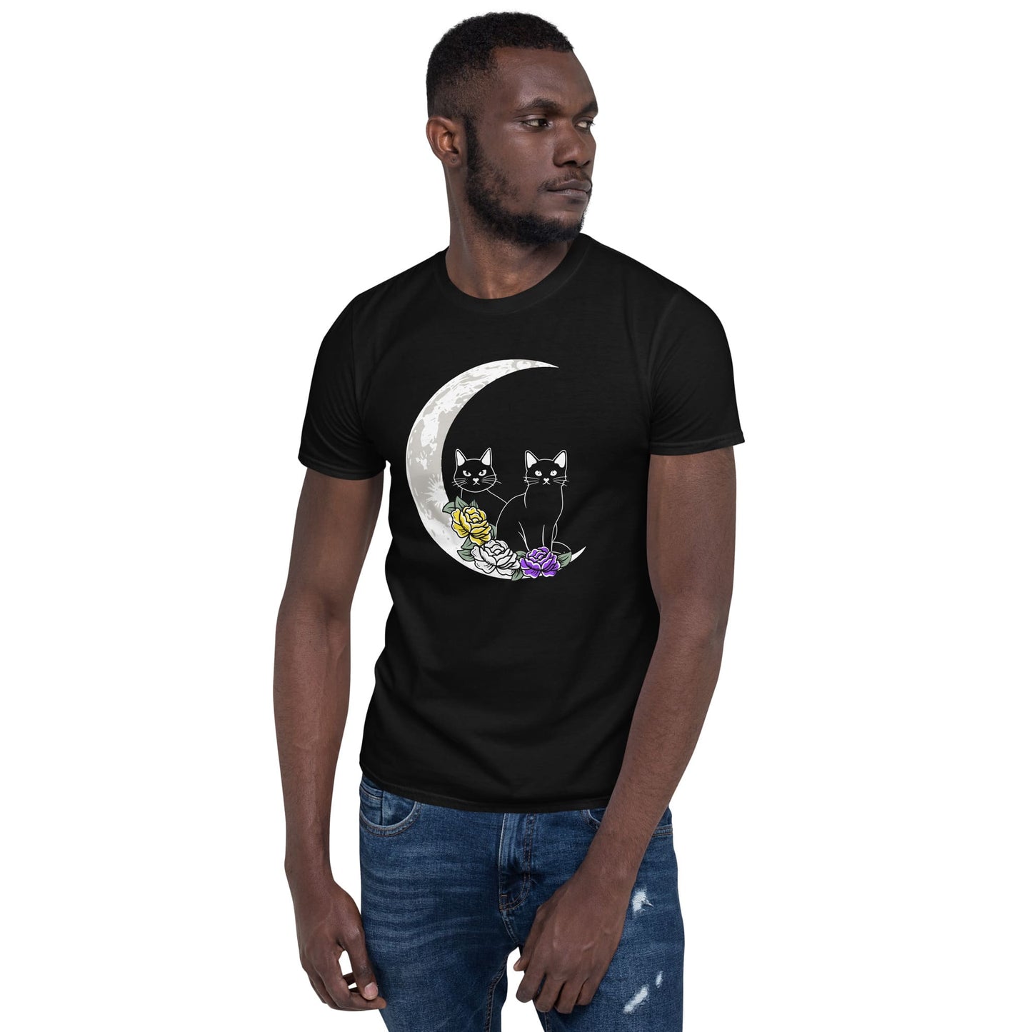 nonbinary shirt, 2 cute cats sitting on moon with flowers in enby pride colors, black model