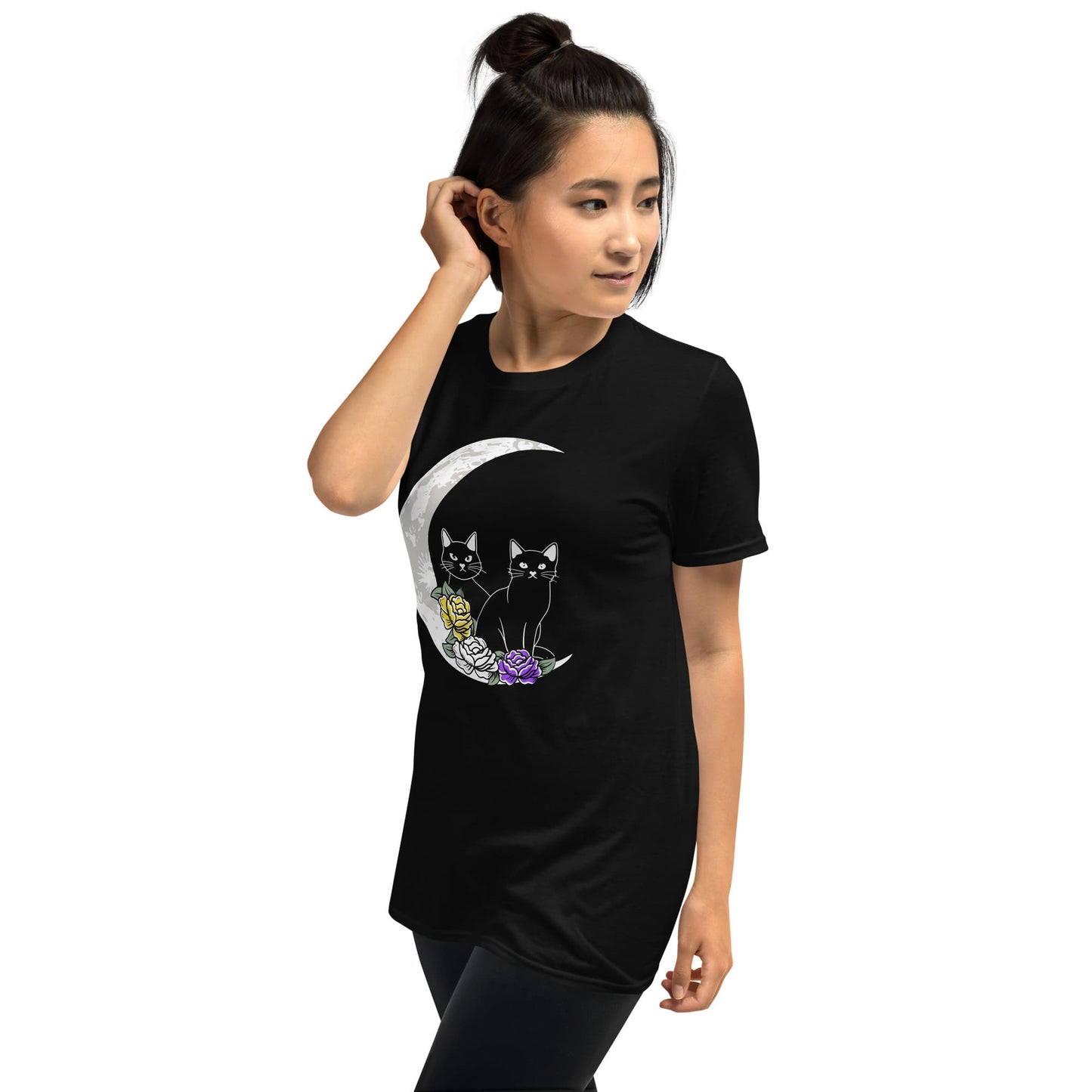 non binary tee shirt, 2 cute cats sitting on moon with flowers in enby pride colors, asian model