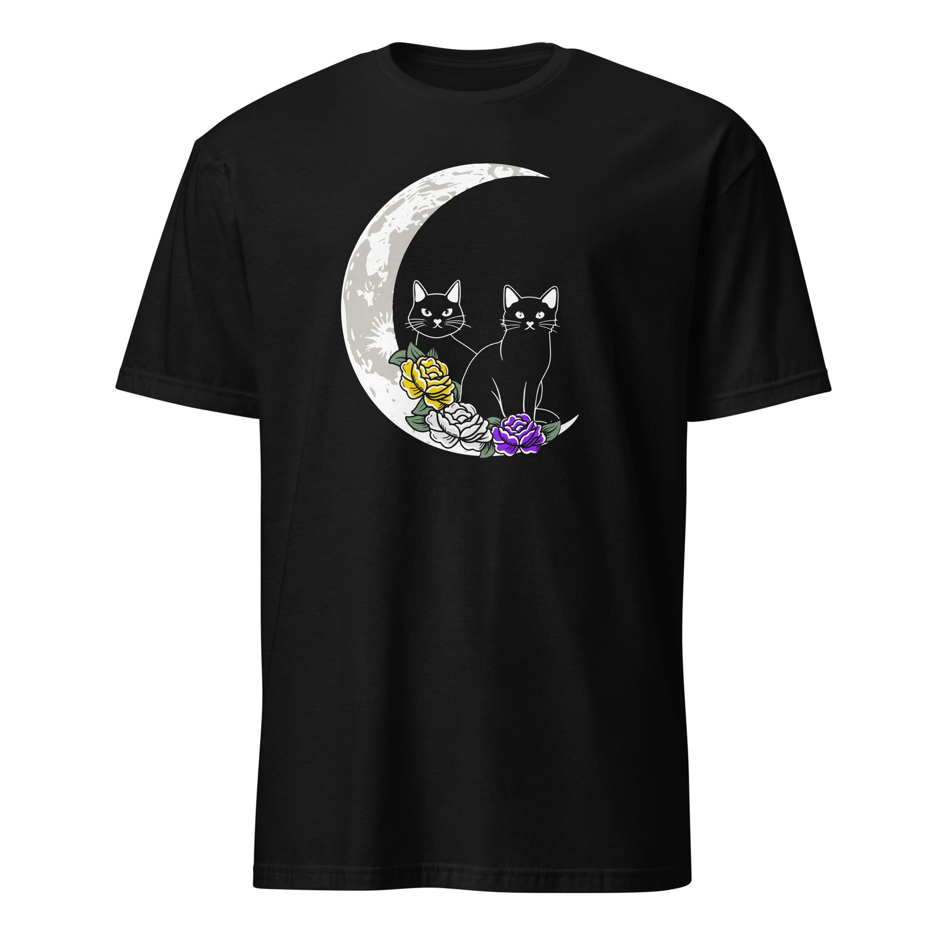non binary shirt, 2 cute cats sitting on moon with flowers in enby pride colors, hang