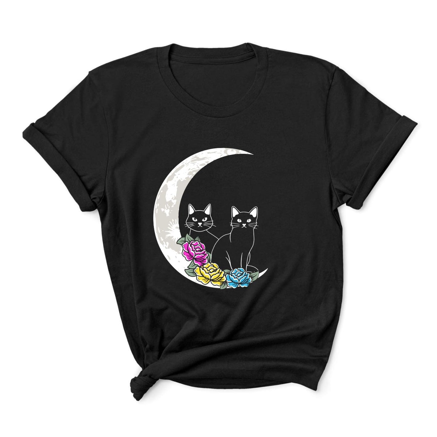 pansexual shirt, 2 cute cats on the moon with flowers in pan pride colors, main