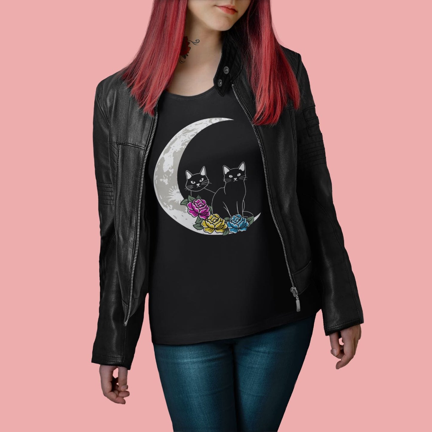pansexual shirt, 2 cute cats on the moon with flowers in pan pride colors, in use