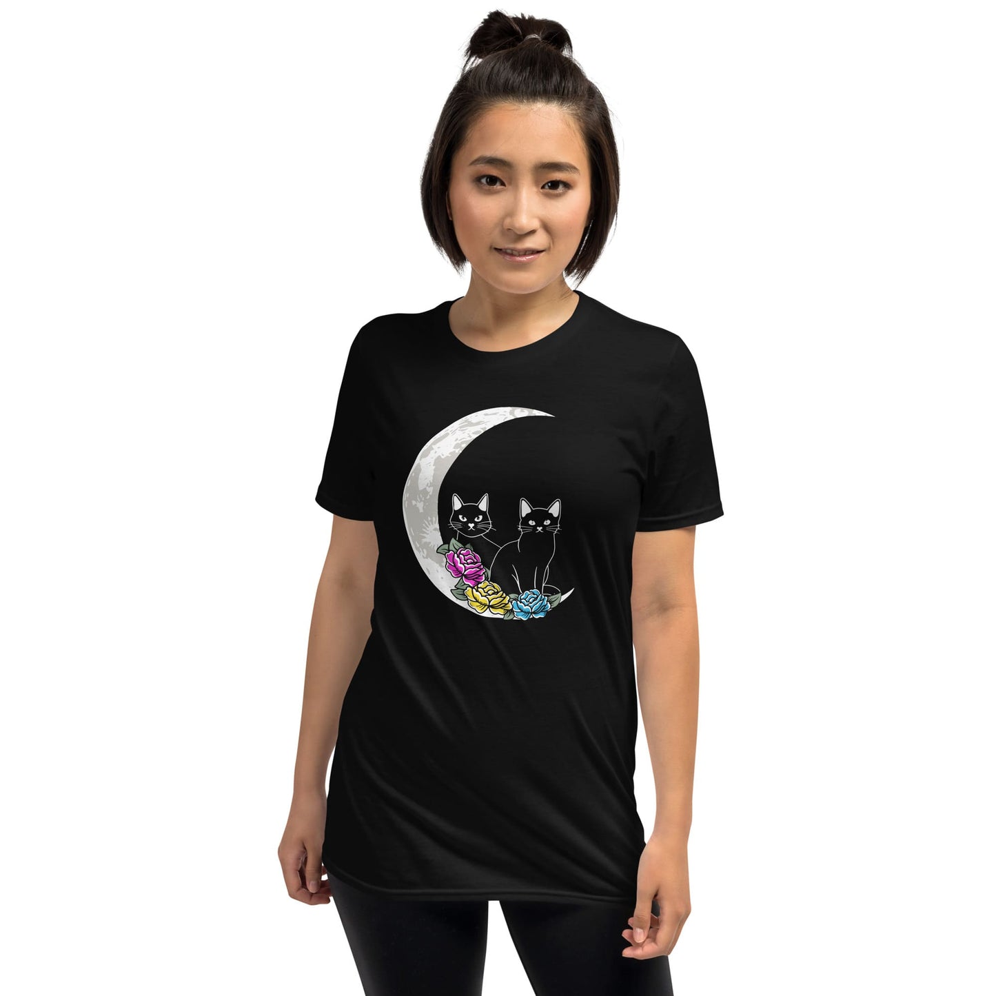 pansexual shirt, 2 cute cats on the moon with flowers in pan pride colors, asian model