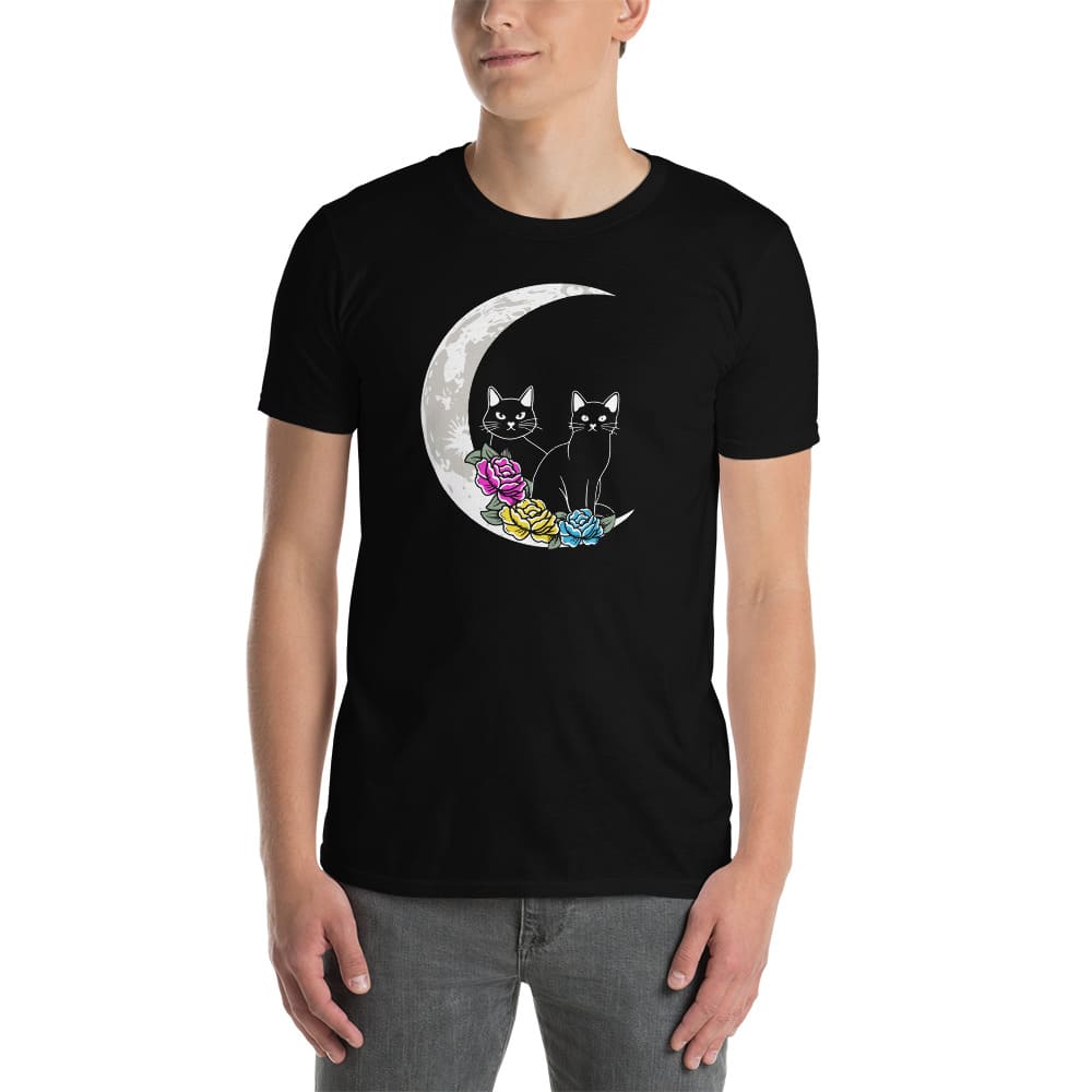 pansexual shirt, 2 cute cats on the moon with flowers in pan pride colors, white model