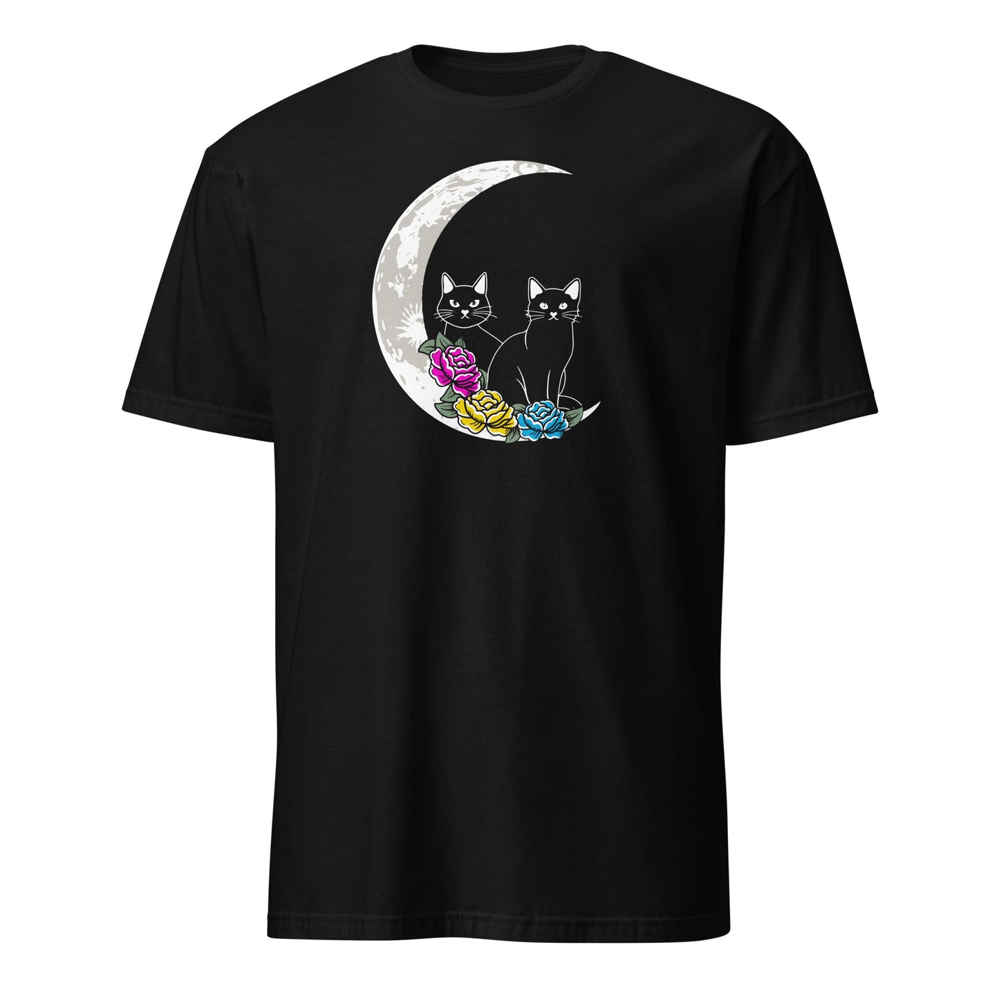 pansexual shirt, 2 cute cats on the moon with flowers in pan pride colors, hang