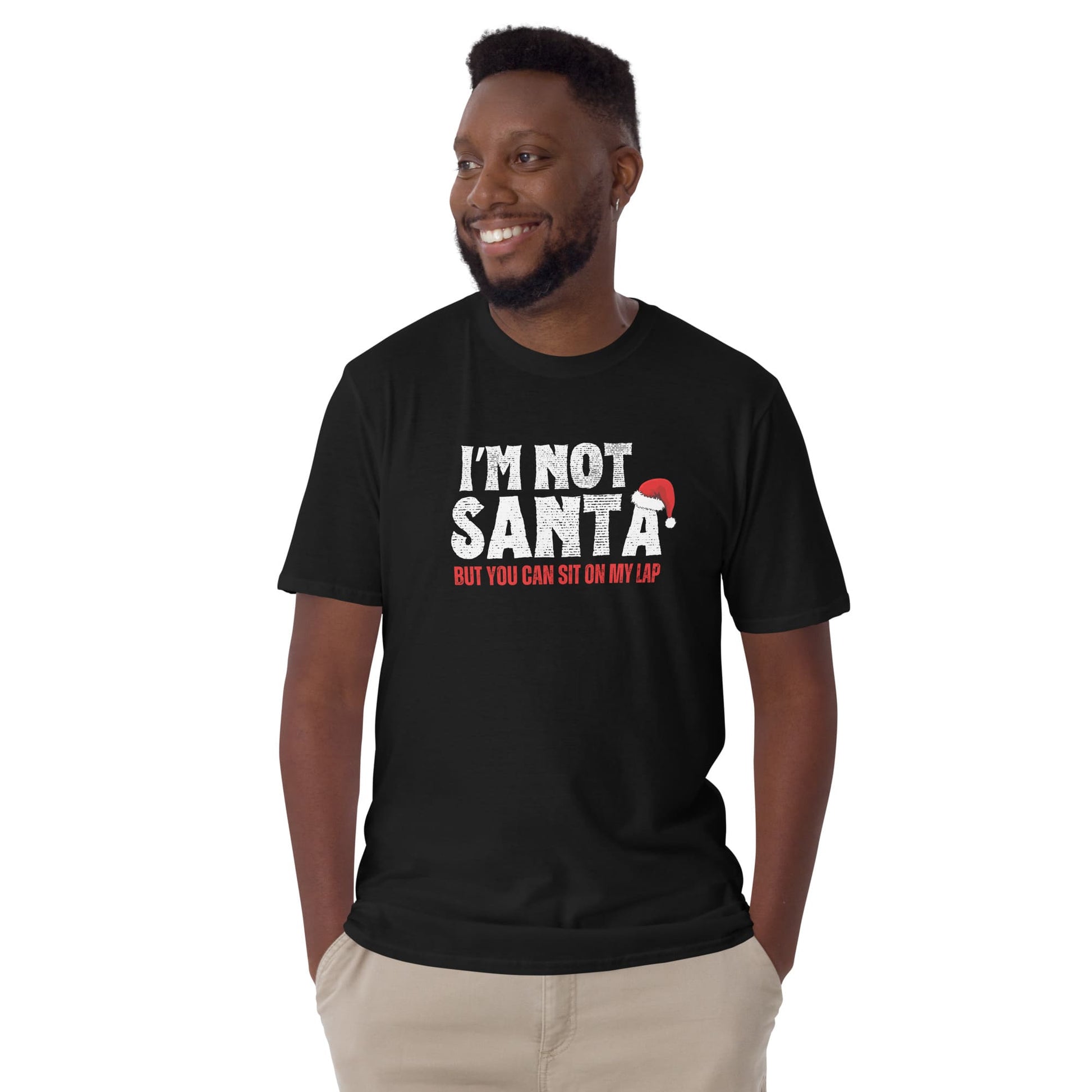 Man wearing a black t-shirt with text on a white background: Rude Santa Men's Shirt, Adult Humor Christmas T-Shirt, Funny Holiday Season Tee For Boyfriend, Inappropriate Gift For Daddy Husband