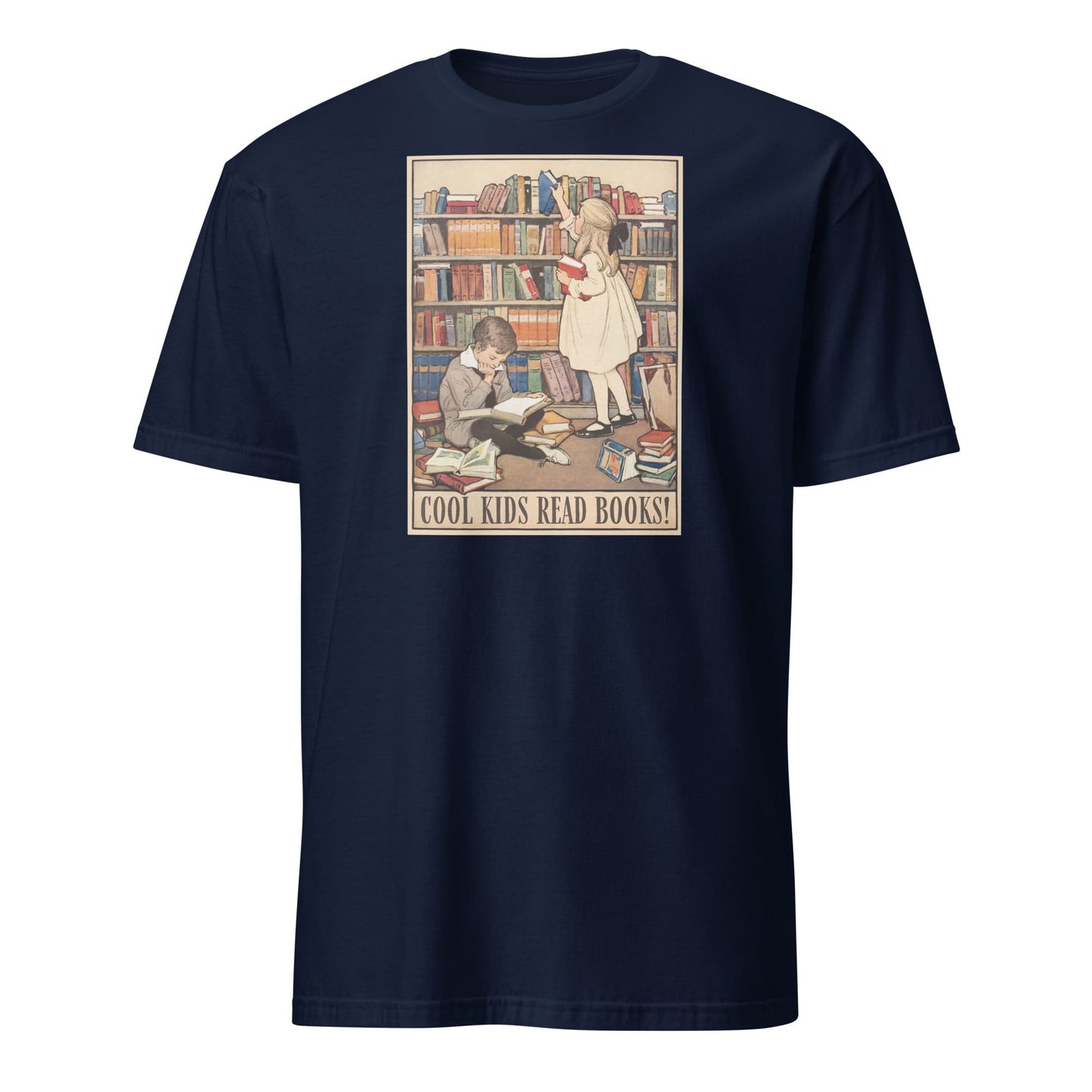 Navy blue t-shirt with a graphic of children reading books and 'Cool Kids Read Books!' text on a white background.