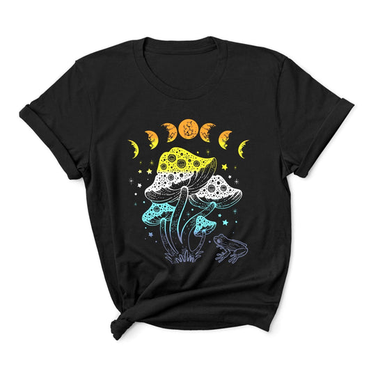 aroace shirt, cottagecore design with frog, mushrooms and moon phases, main