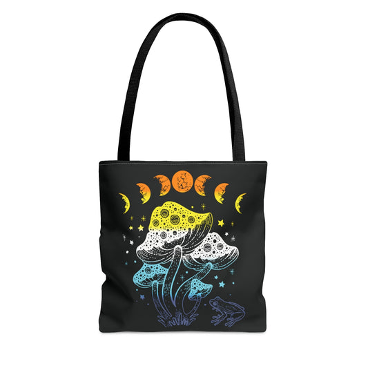 aroace tote bag, goblincore mushrooms frog and moon phases aro ace pride bag