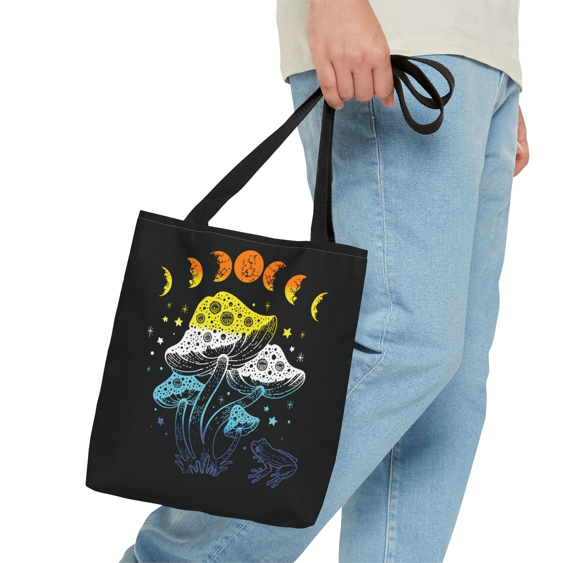 aroace tote bag, goblincore mushrooms frog and moon phases aro ace pride bag, small