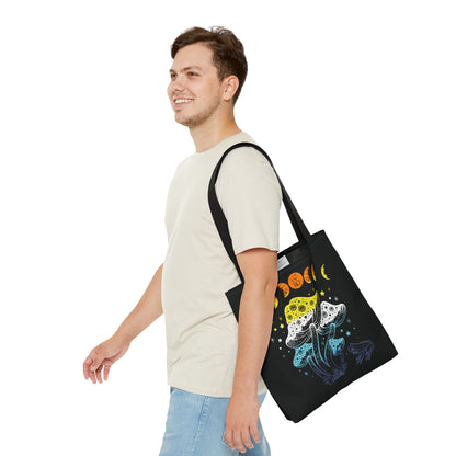 aroace tote bag, goblincore mushrooms frog and moon phases aro ace pride bag, medium