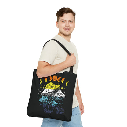 aroace tote bag, goblincore mushrooms frog and moon phases aro ace pride bag, large