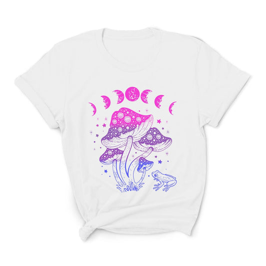 bisexual shirt, cottagecore design with frog, mushrooms and moon phases, white main
