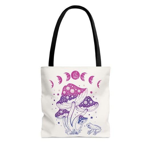 bisexual tote bag, goblincore mushrooms frog and moon phases bi pride bag