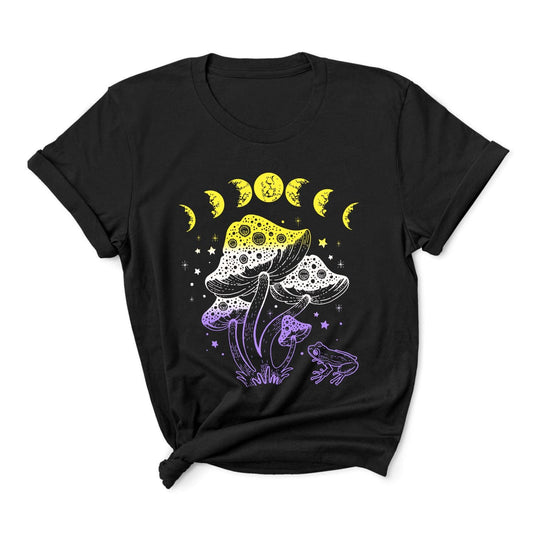 nonbinary shirt, cottagecore design with frog, mushrooms and moon phases, main
