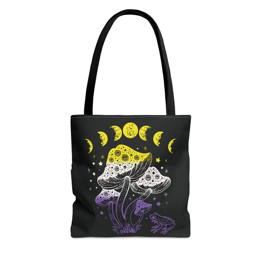 nonbinary tote bag, goblincore mushrooms frog and moon phases enby pride bag