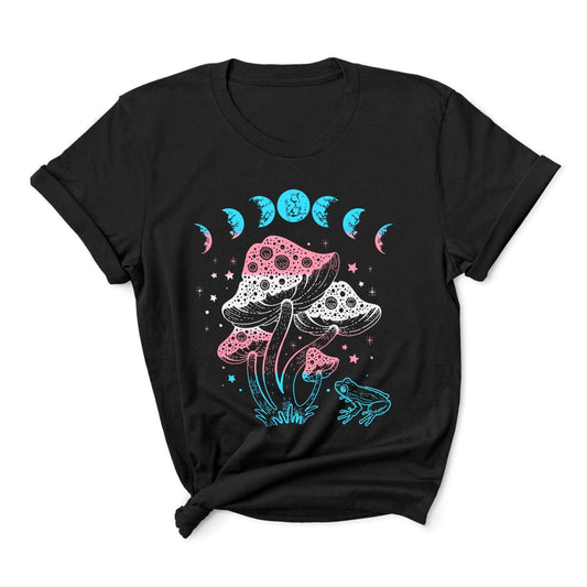 transgender shirt, cottagecore design with frog, mushrooms and moon phases, main