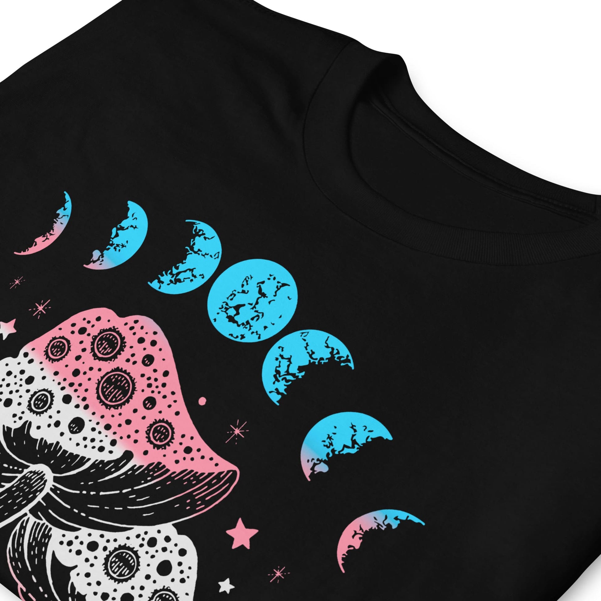 transgender tee shirt, cottagecore design with frog, mushrooms and moon phases, zoom