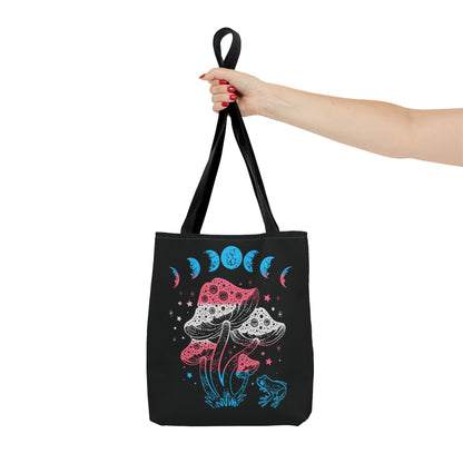 transgender tote bag, goblincore mushrooms frog and moon phases trans pride bag, small