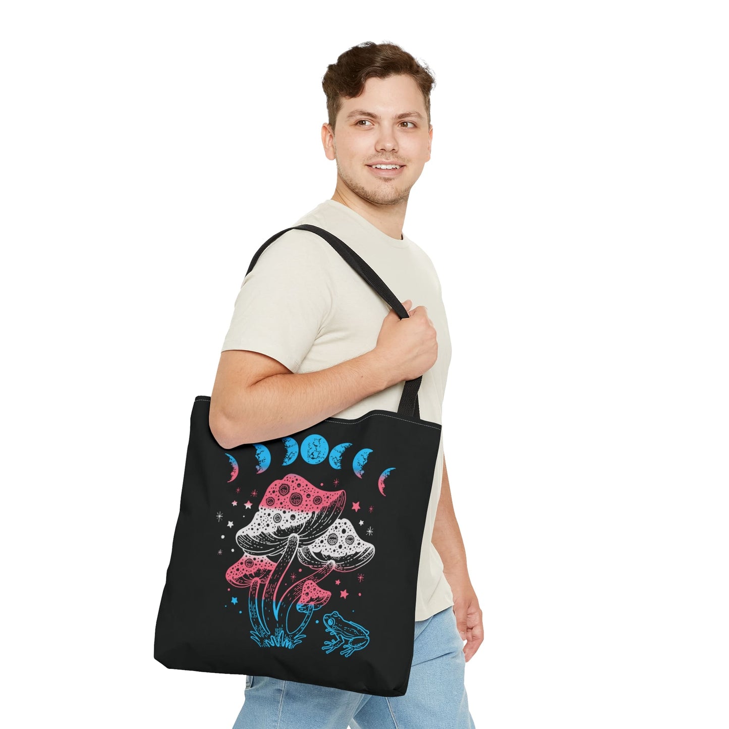 transgender tote bag, goblincore mushrooms frog and moon phases trans pride bag, large