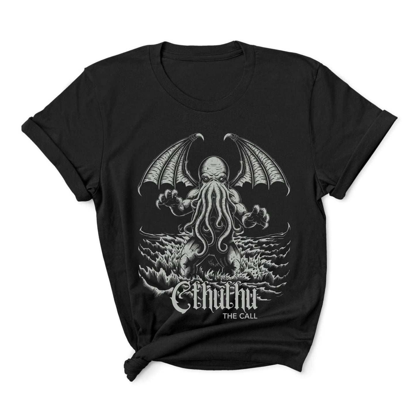 Black t-shirt with Cthulhu graphic design on a white background