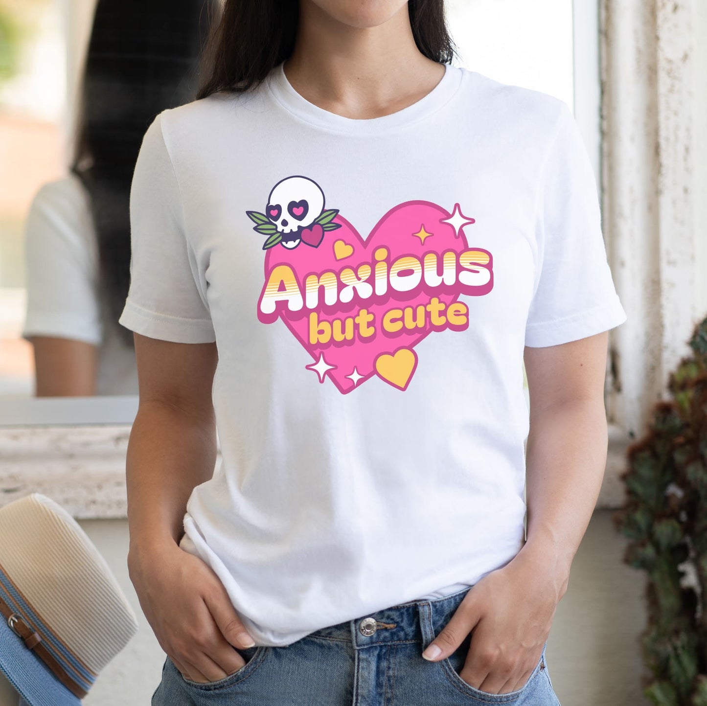 Person wearing a white t-shirt with 'Anxious but cute' design: Cute Anxiety Shirt, Pastel Goth Mental Health Tee, Kawaii Gothic Aesthetic, Neurodivergent E-Girl T-Shirt, Emo Autism Gift For Neurospicy