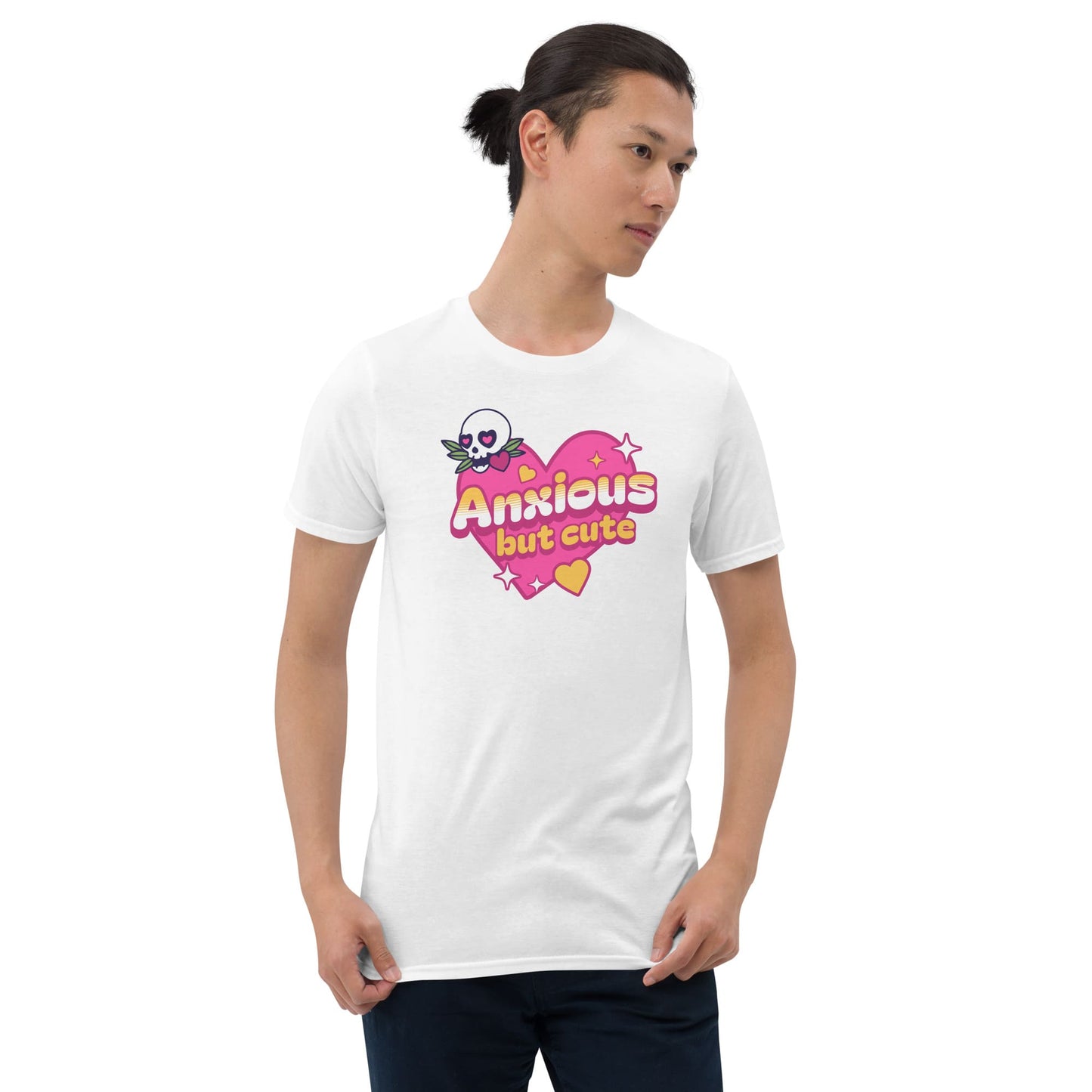 Person wearing a white t-shirt with 'Anxious but cute' design on a white background: Cute Anxiety Shirt, Pastel Goth Mental Health Tee, Kawaii Gothic Aesthetic, Neurodivergent E-Girl T-Shirt, Emo Autism Gift For Neurospicy