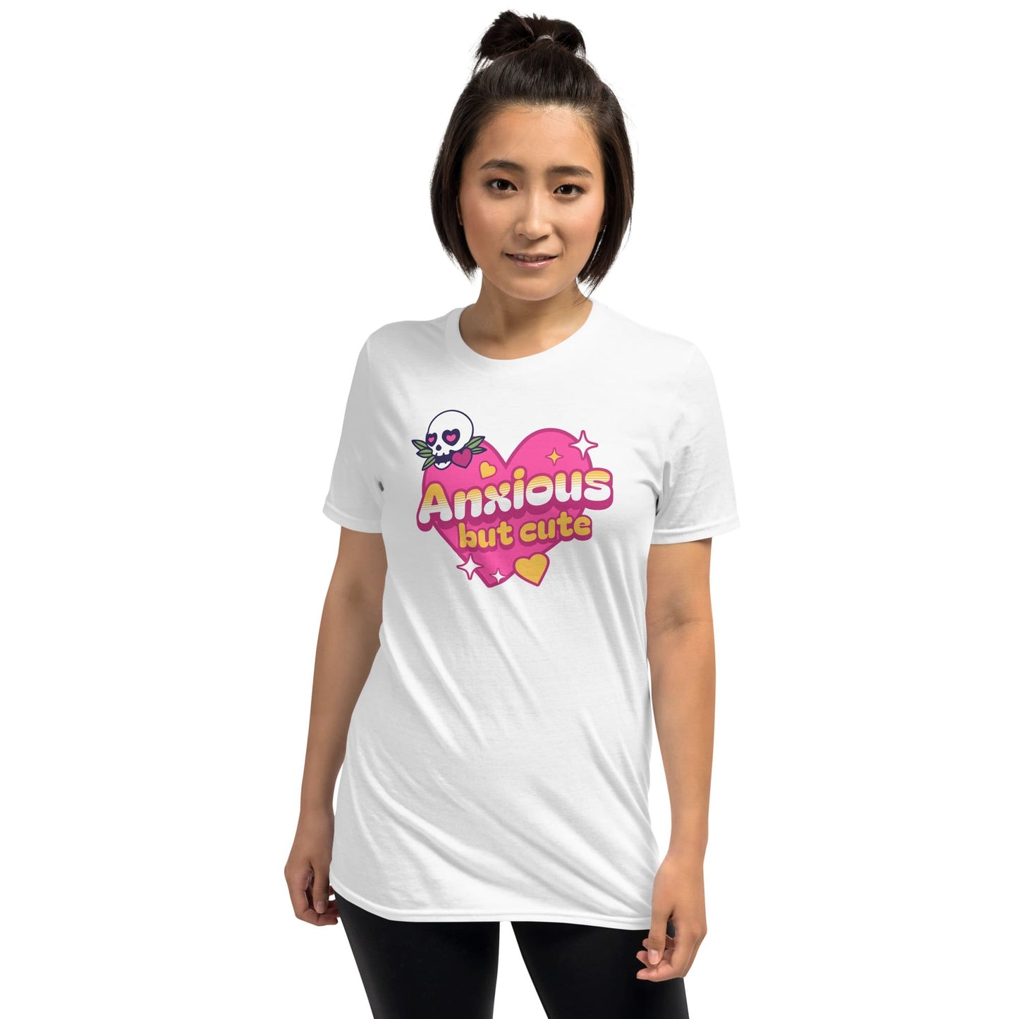 Person wearing a white t-shirt with 'Anxious but cute' design on a white background: Cute Anxiety Shirt, Pastel Goth Mental Health Tee, Kawaii Gothic Aesthetic, Neurodivergent E-Girl T-Shirt, Emo Autism Gift For Neurospicy