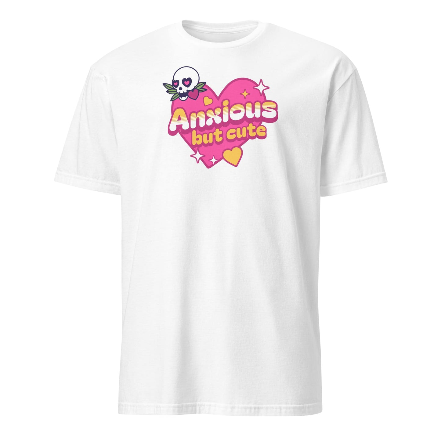 White t-shirt with 'Anxious but cute' graphic design on a white background: Cute Anxiety Shirt, Pastel Goth Mental Health Tee, Kawaii Gothic Aesthetic, Neurodivergent E-Girl T-Shirt, Emo Autism Gift For Neurospicy