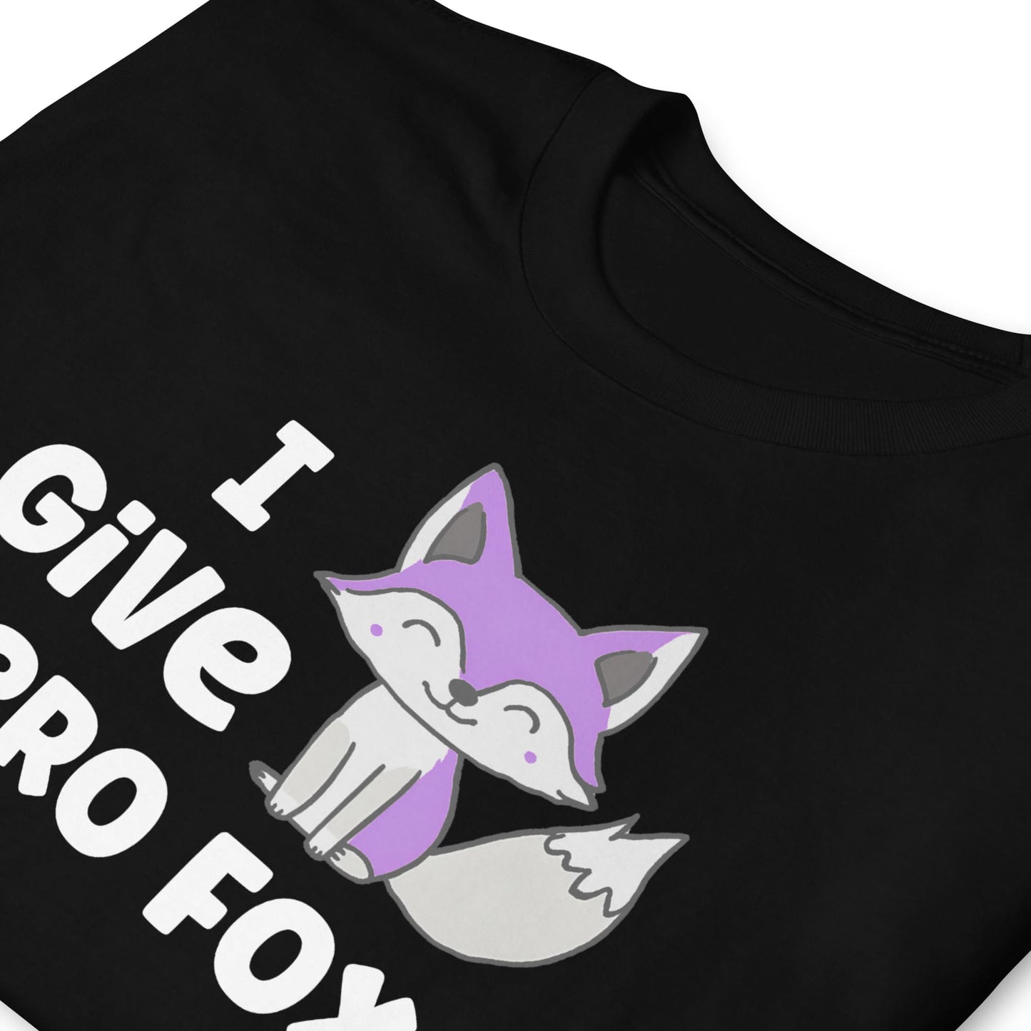 Black asexual t-shirt with a cute purple fox graphic and funny text on a white background