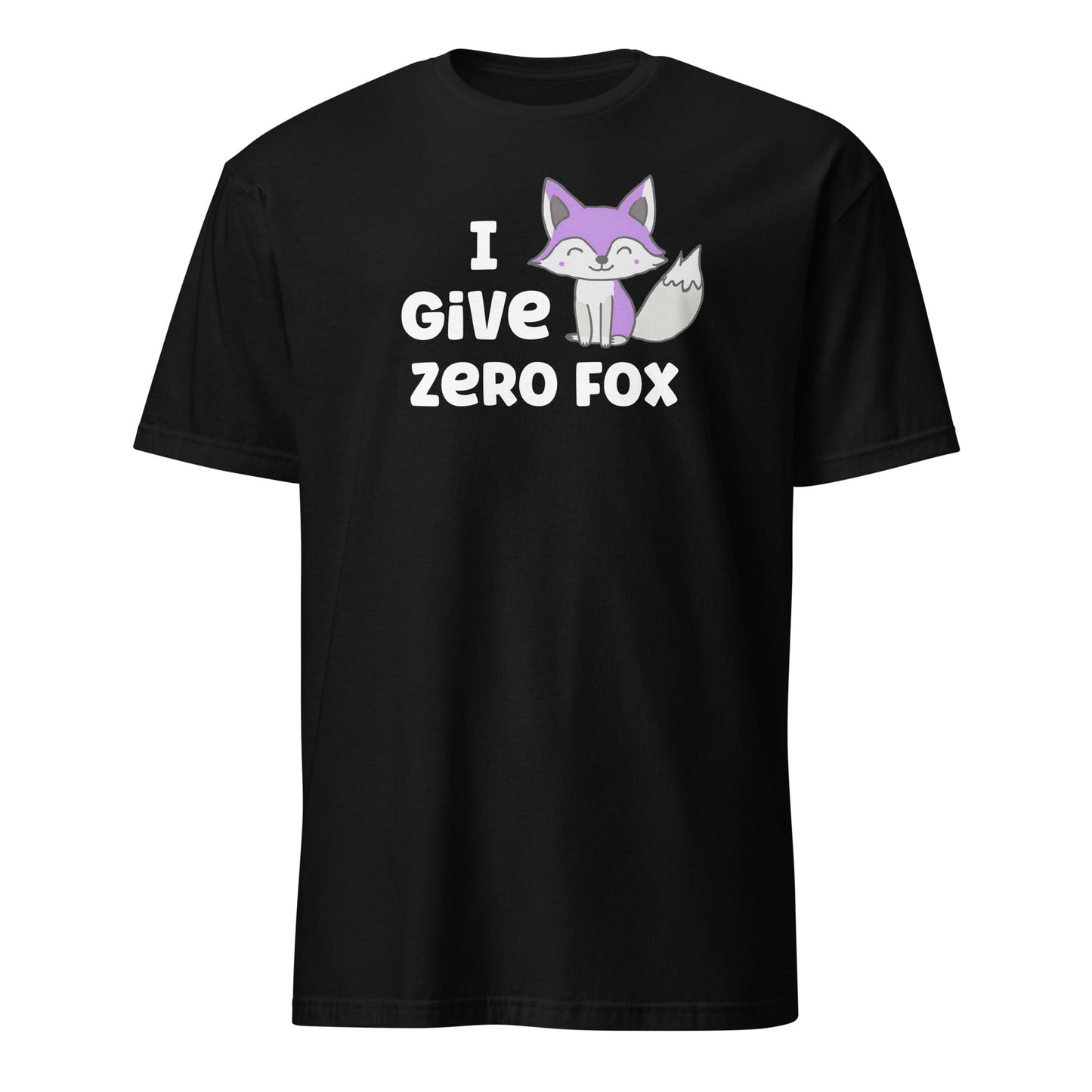 Black t-shirt with 'I Give Zero Fox' asexual pride graphic and cartoon fox on a white background